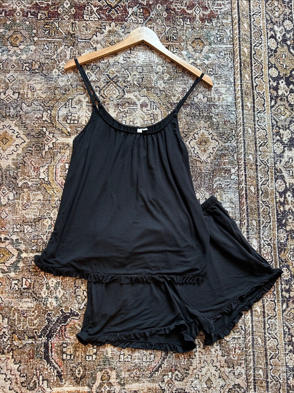 Women's Black Ruffle Trim Sleep Set - Comfortable Two-Piece Pajama Set